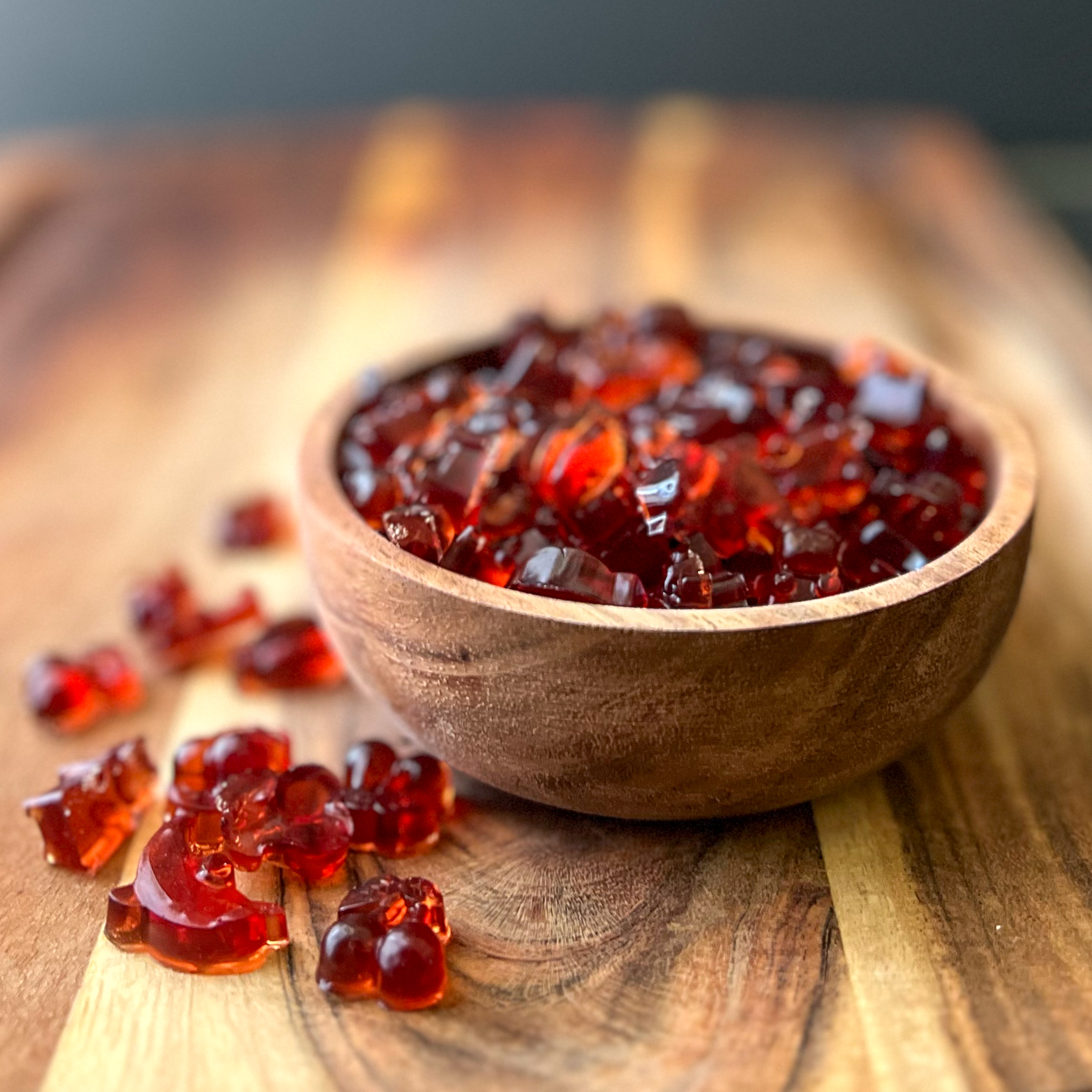 Homemade Gummies in a wood bowl